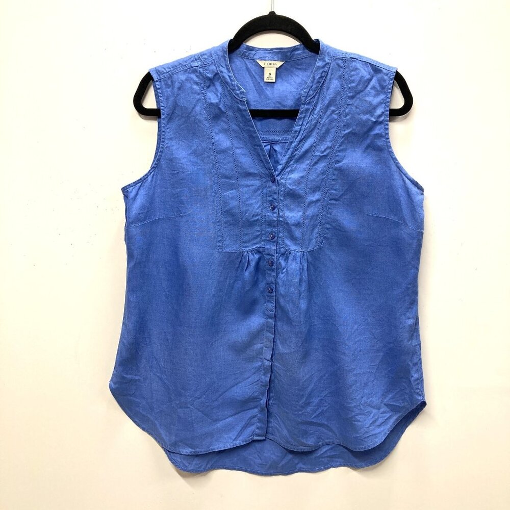 LL Bean‎ Sleeveless Top, Size Medium, Blue Linen Button-Up V-Neck Cut-Outs